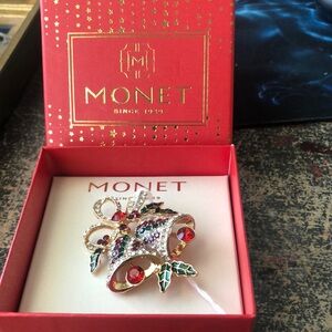 Monet Christmas Gold and Red Bells Brooch